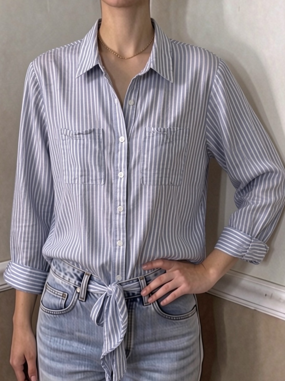 💜 5 for $20! Olive & Oak Blue and White Striped Tie-Front Button Down Shirt